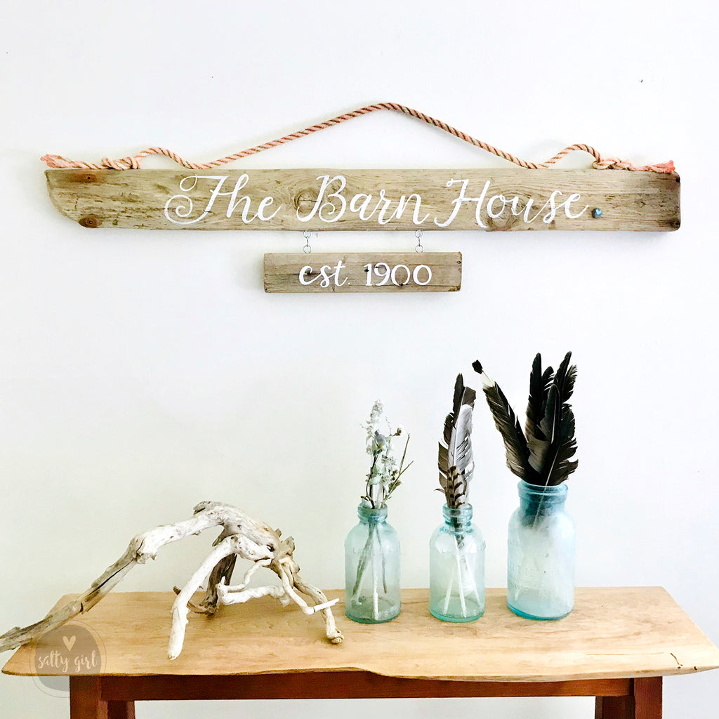 Custom Double Driftwood Sign - Personalized Established House Sign with Fishing Rope Hanger - Coastal Themed House Sign
