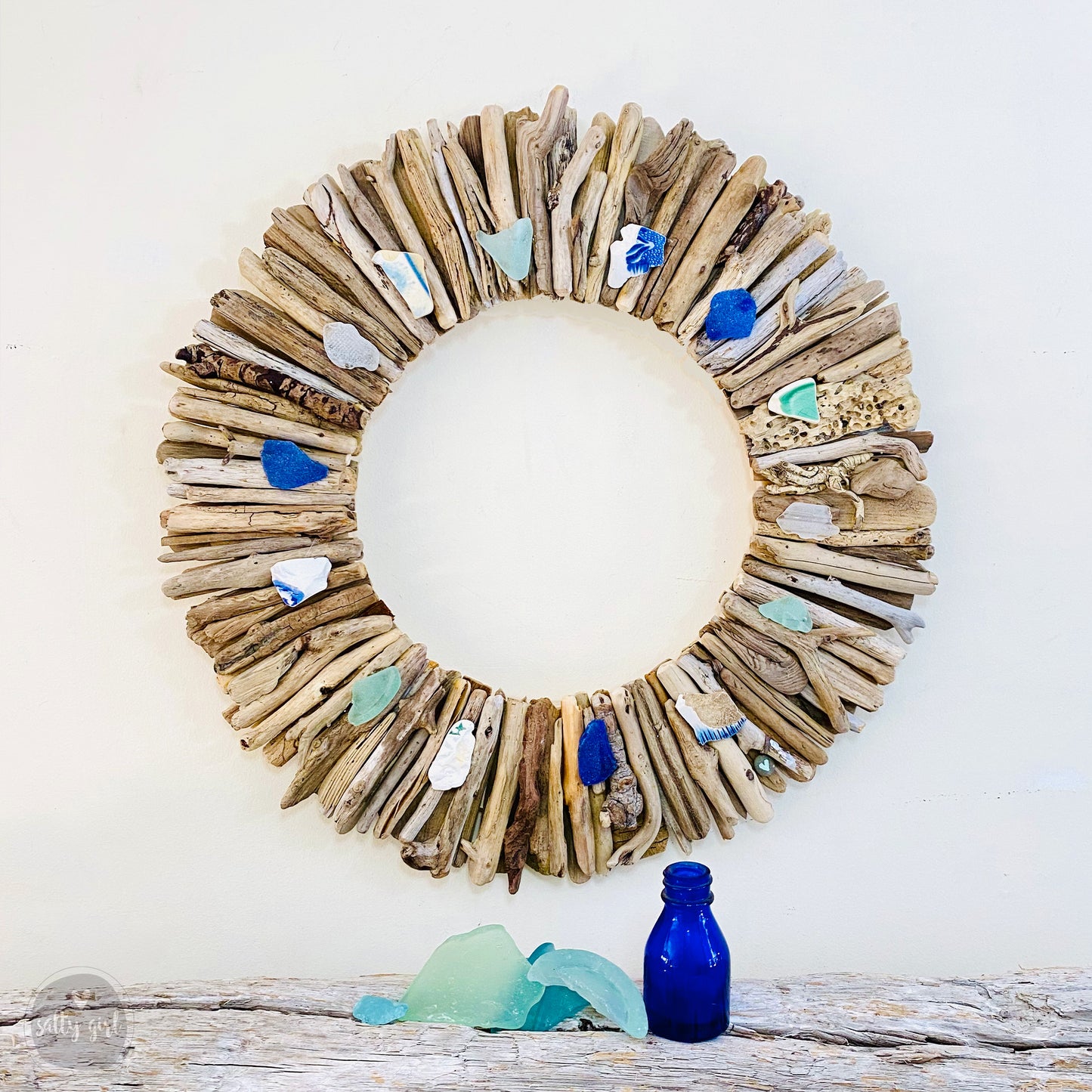 Driftwood Wreath - Boho Style with Beach Pottery and Sea Glass Accents - Sizes 12" - 16" - 20”