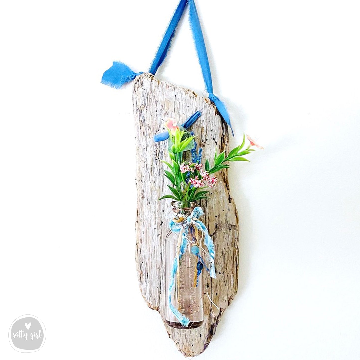Driftwood Hanging Wall Vase with Antique Bottle and Sea Glass or Beach Stone Knob