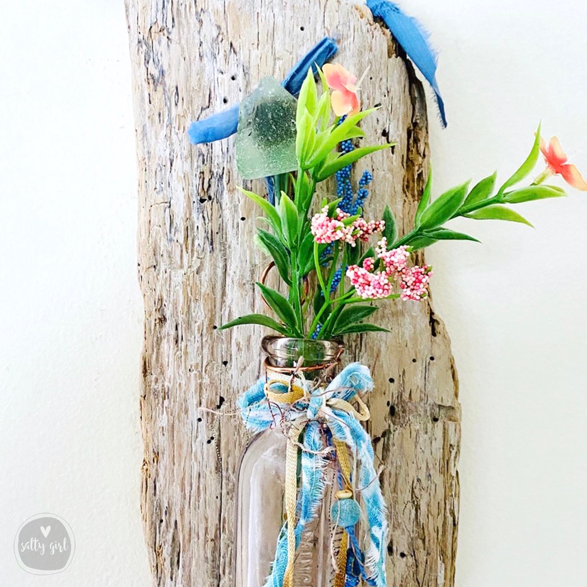 Driftwood Hanging Wall Vase with Antique Bottle and Sea Glass or Beach Stone Knob