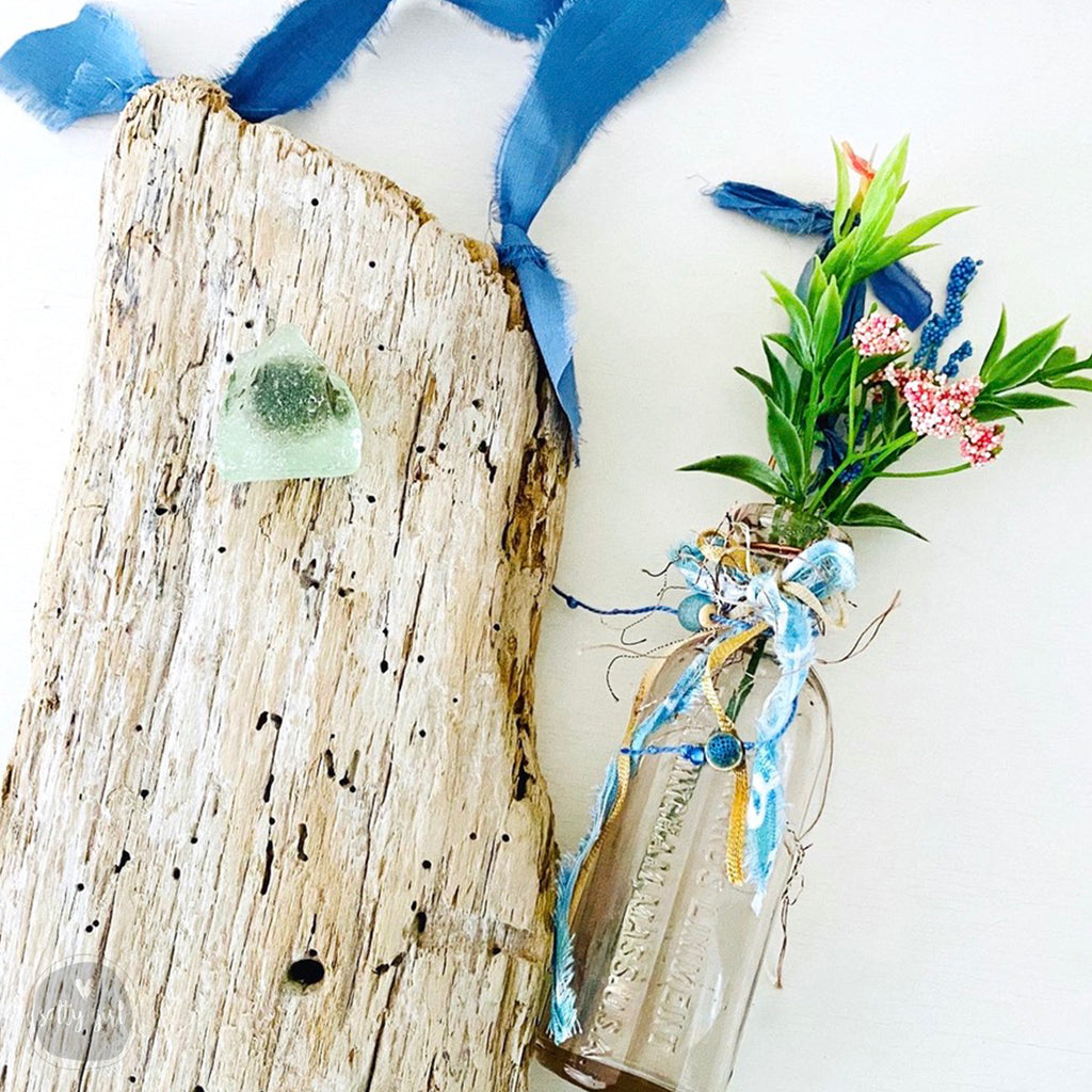 Driftwood Hanging Wall Vase with Antique Bottle and Sea Glass or Beach Stone Knob