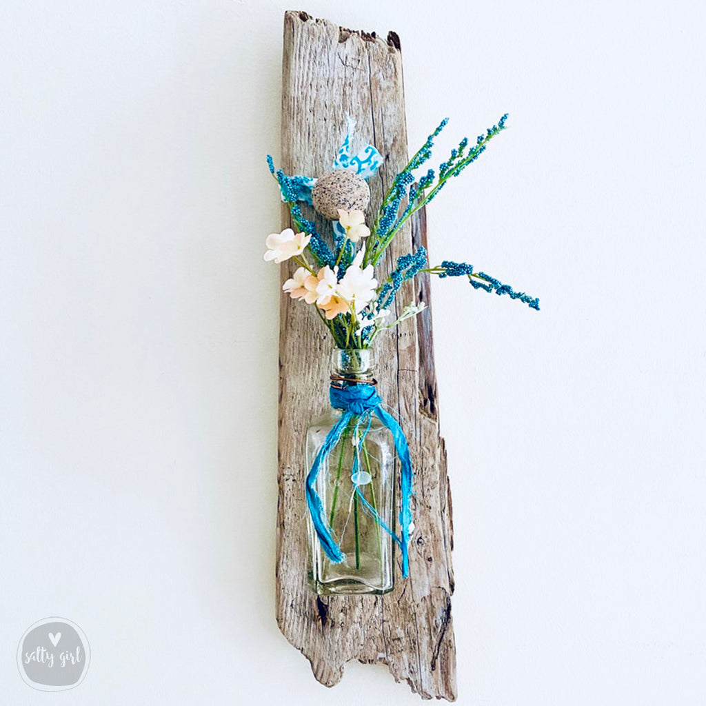 Driftwood Hanging Wall Vase with Antique Bottle and Sea Glass or Beach Stone Knob