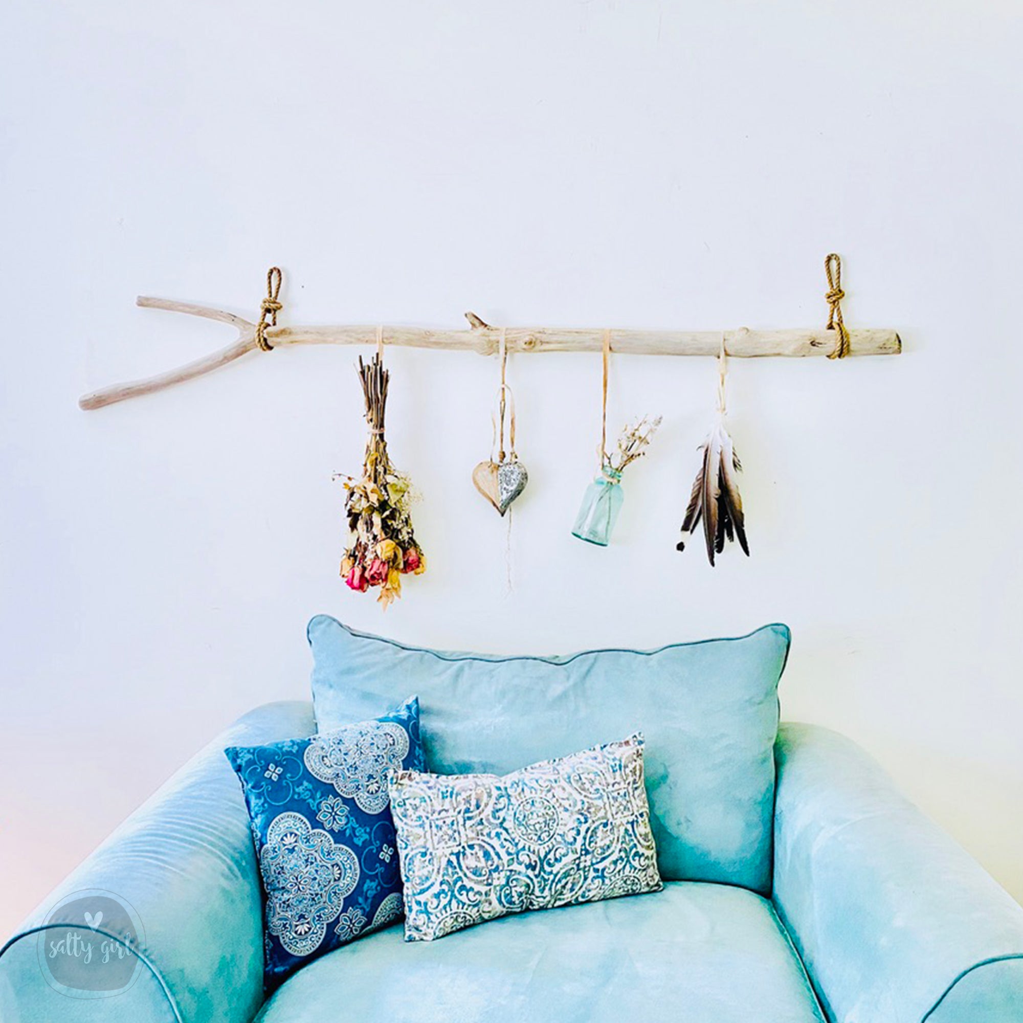 Unique Coastal Driftwood Decor | Eco-Friendly Maine Driftwood Branch with Rope Hangers for Wall Art