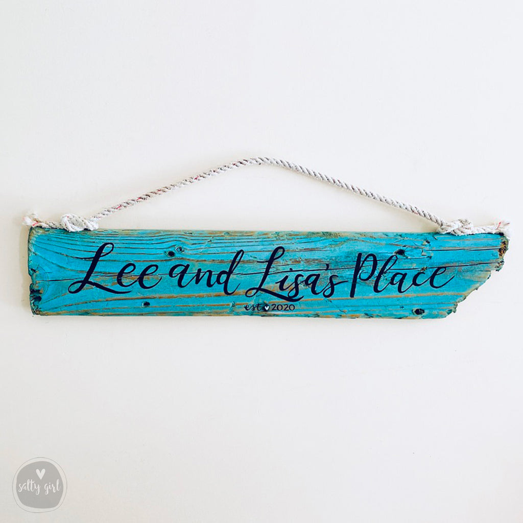 Custom Driftwood Sign - Personalized Sign with Fishing Rope Hanger - Beach Inspired Hand Lettered Sign