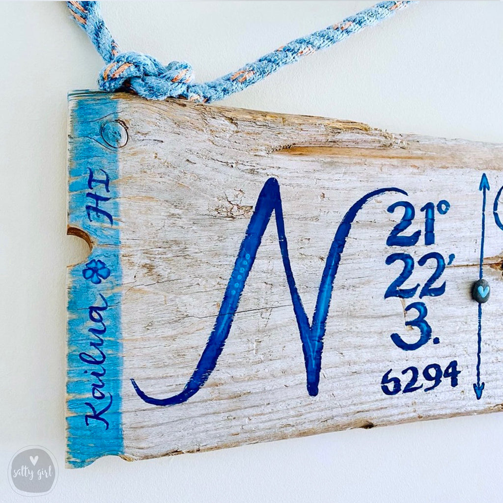 Custom Driftwood Coordinates Sign - Driftwood Longitude Latitude Sign With Nautical Rope Hanger