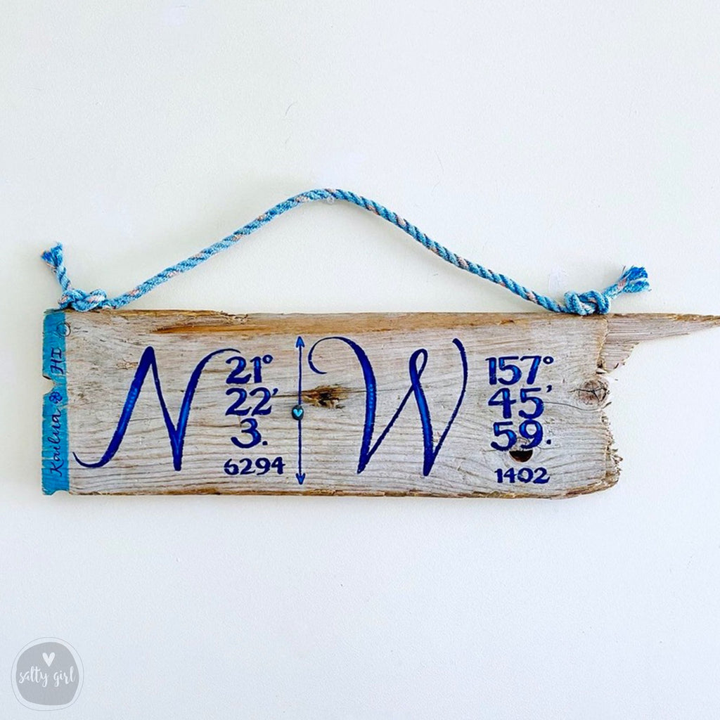 Custom Driftwood Coordinates Sign - Driftwood Longitude Latitude Sign With Nautical Rope Hanger