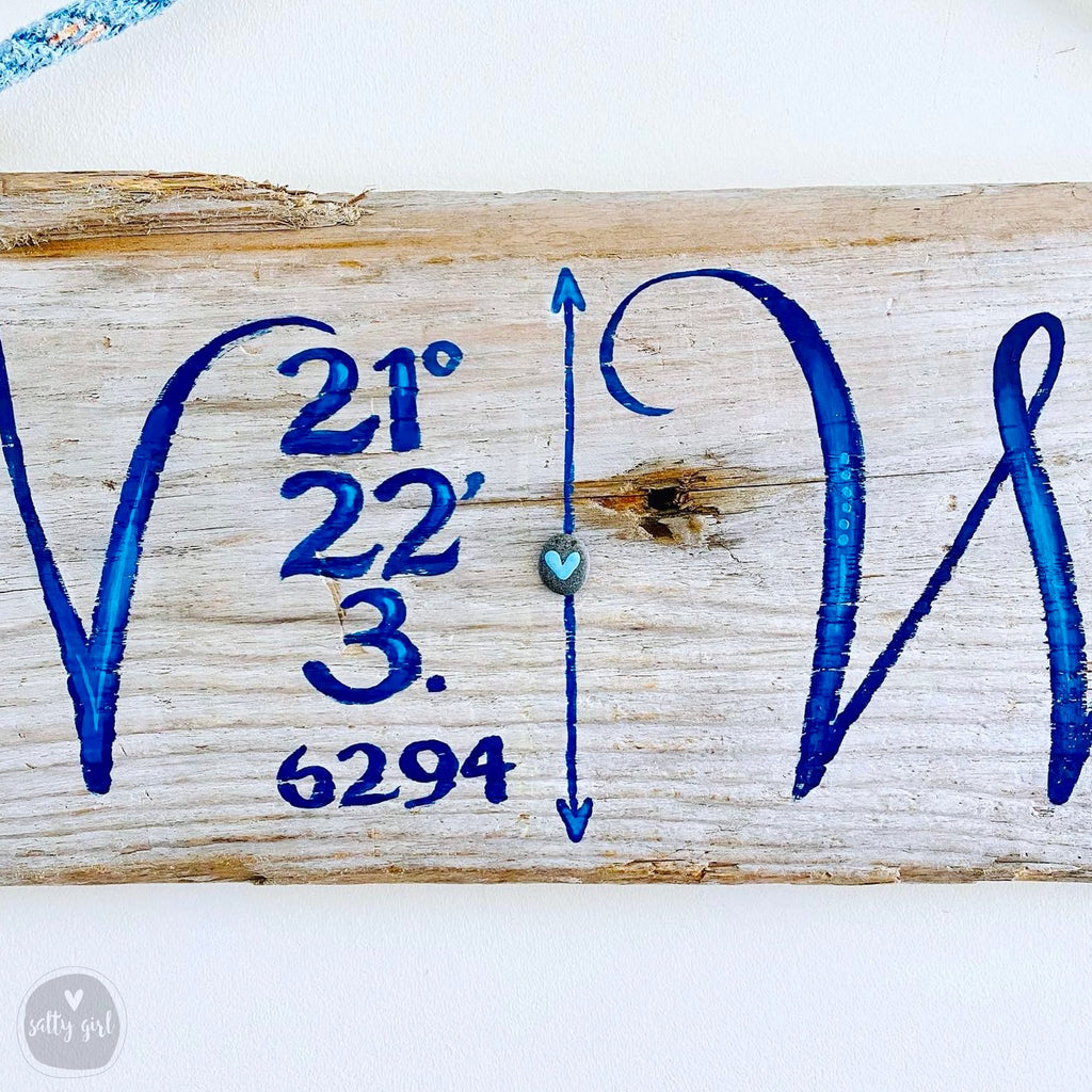 Custom Driftwood Coordinates Sign - Driftwood Longitude Latitude Sign With Nautical Rope Hanger