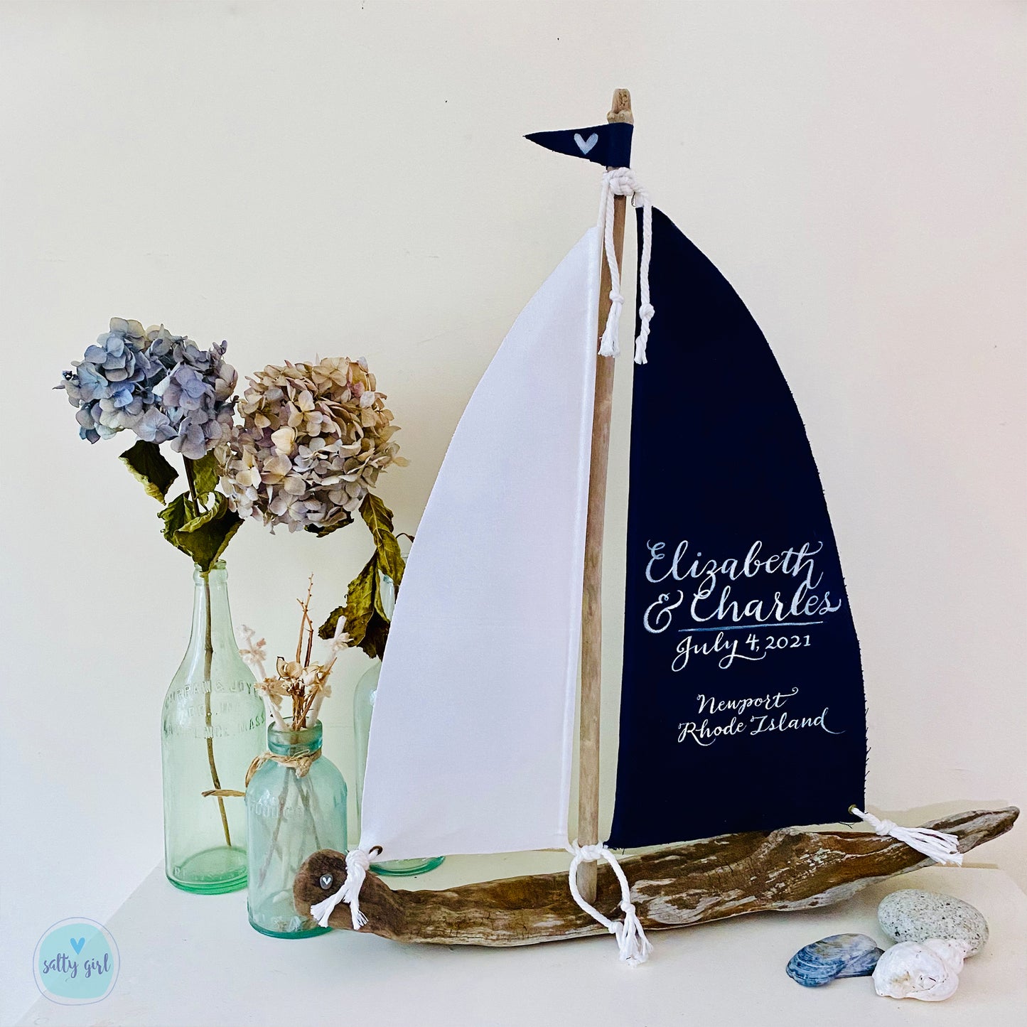 Driftwood Sailboat Centerpiece - Large 24" Wedding Table Sailboat - Custom Bride & Groom Keepsake