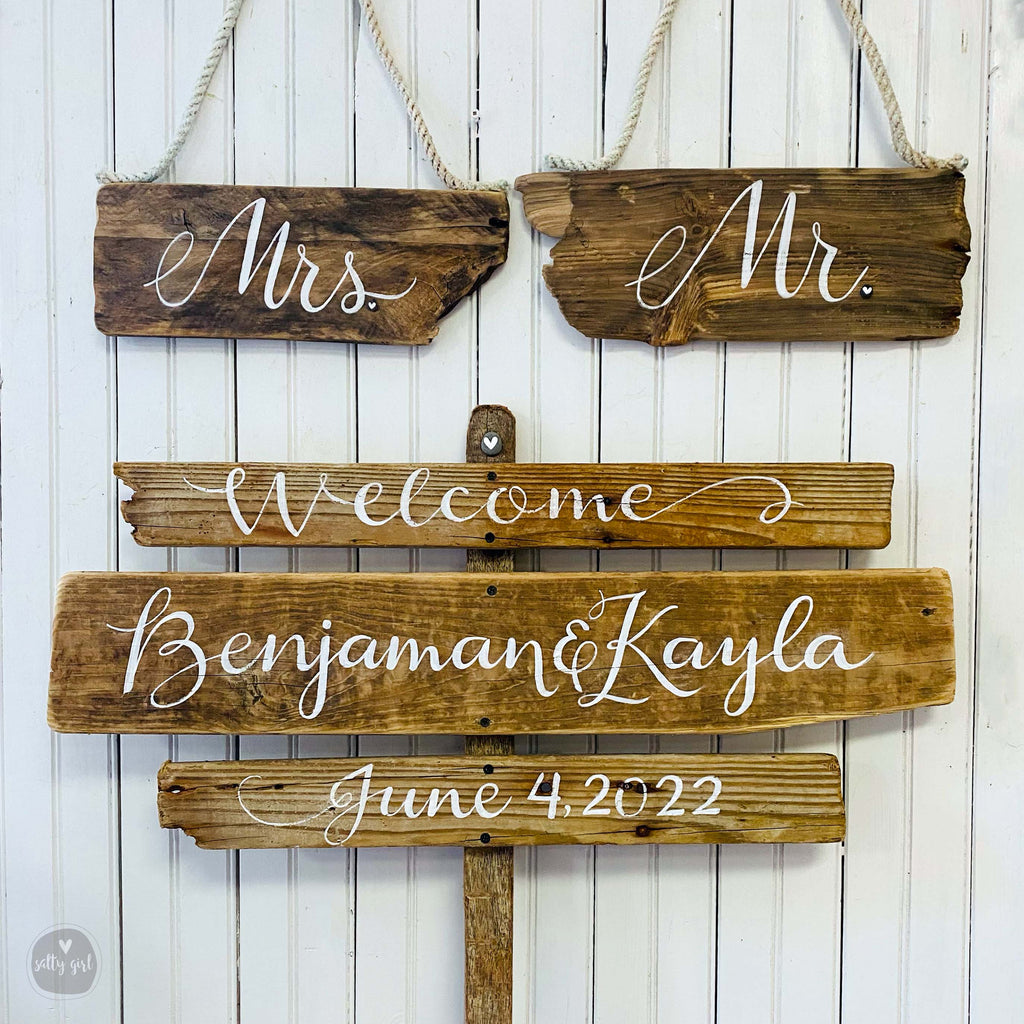 Personalized Coastal Wedding Signs | Custom Driftwood Signs on Post
