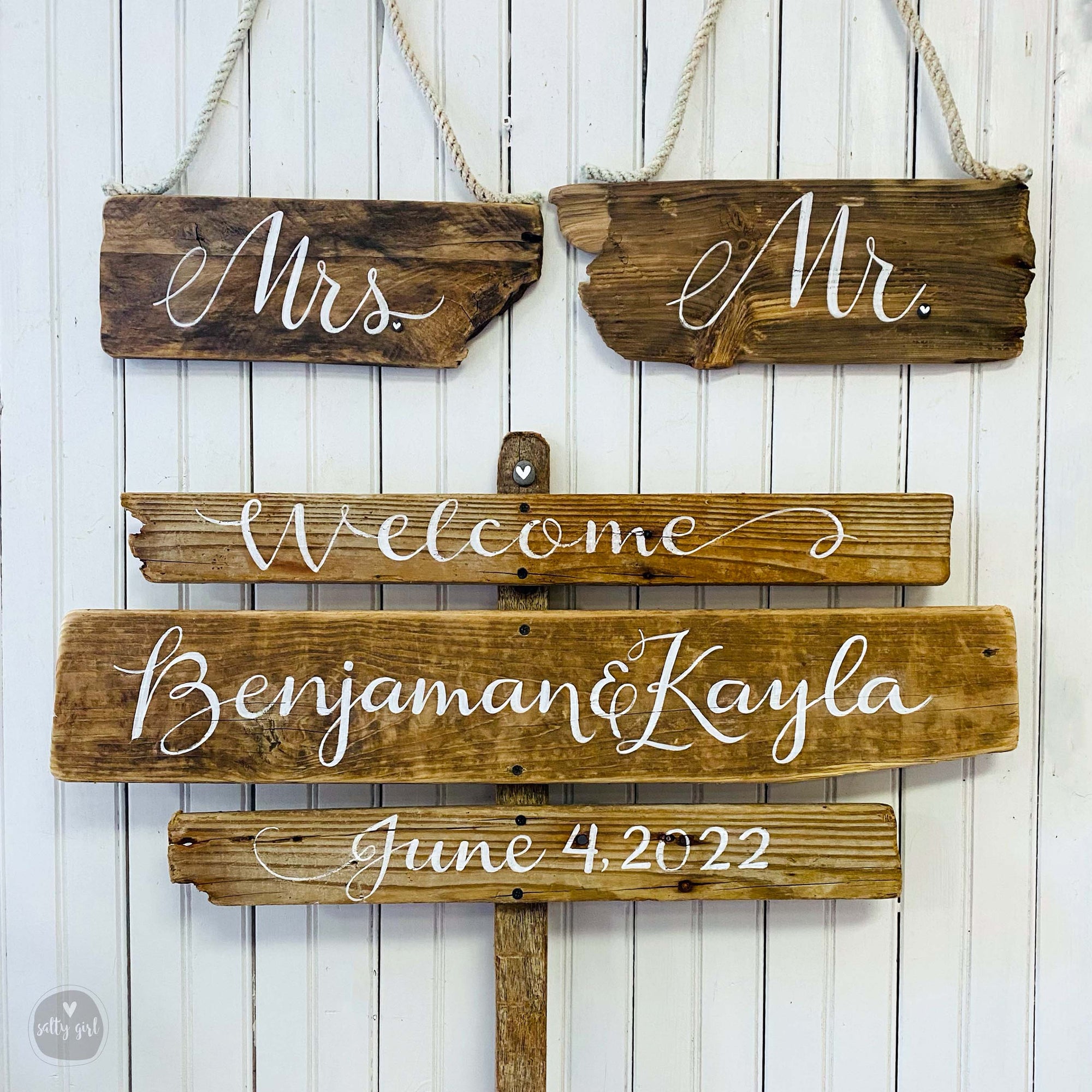 Personalized Coastal Wedding Signs | Custom Driftwood Signs on Post