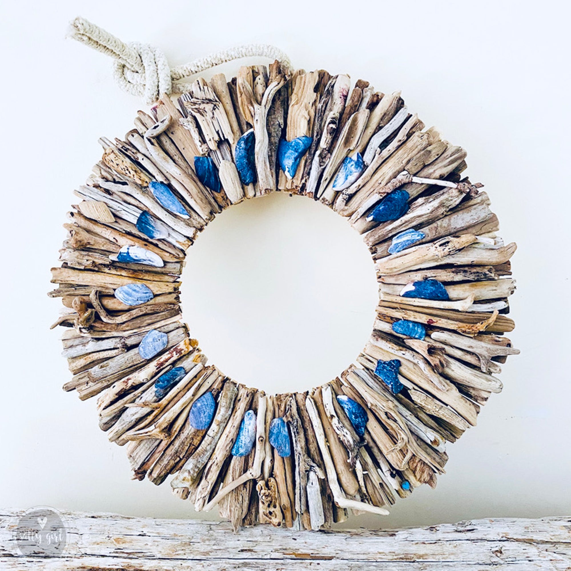 Driftwood Wreath with Indigo Blue Maine Mussel Shell Accents - Sizes 12" - 16" - 20”