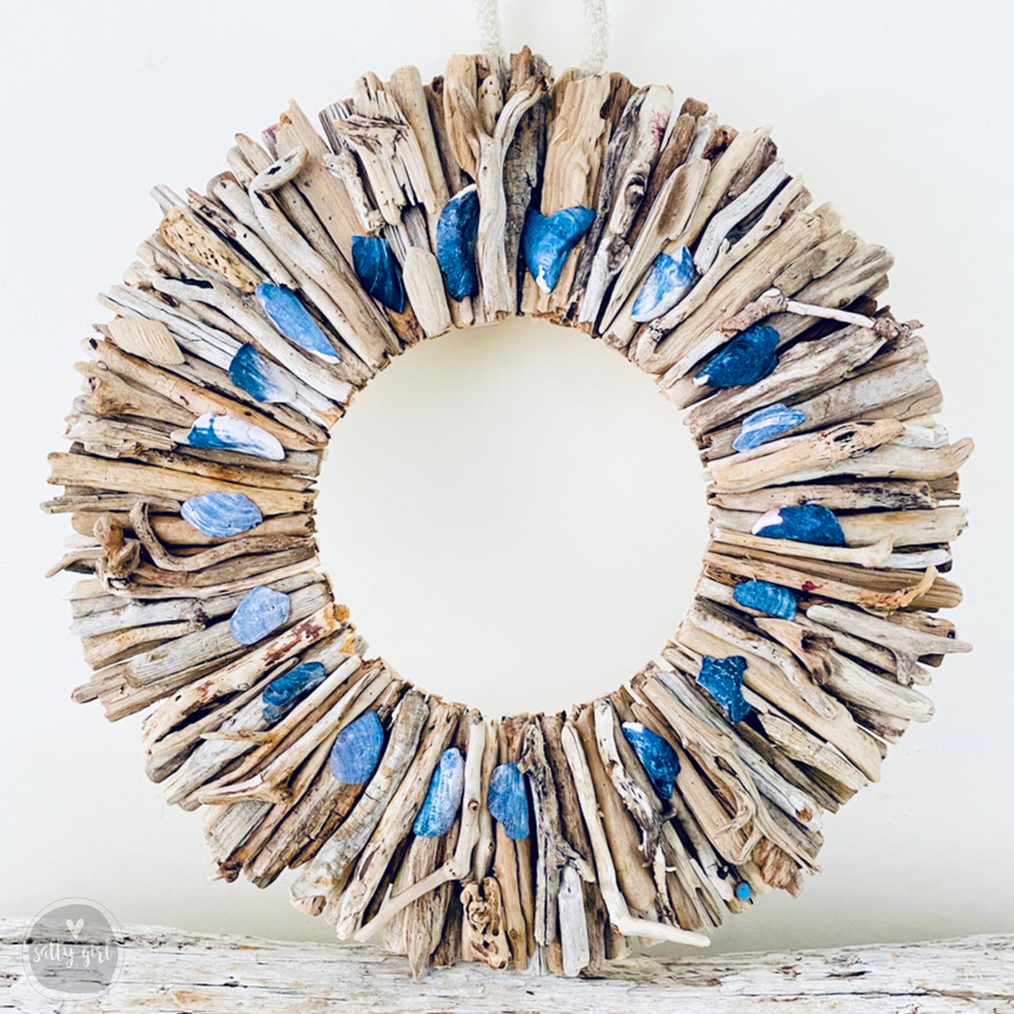 Driftwood Wreath with Indigo Blue Maine Mussel Shell Accents - Sizes 12" - 16" - 20”