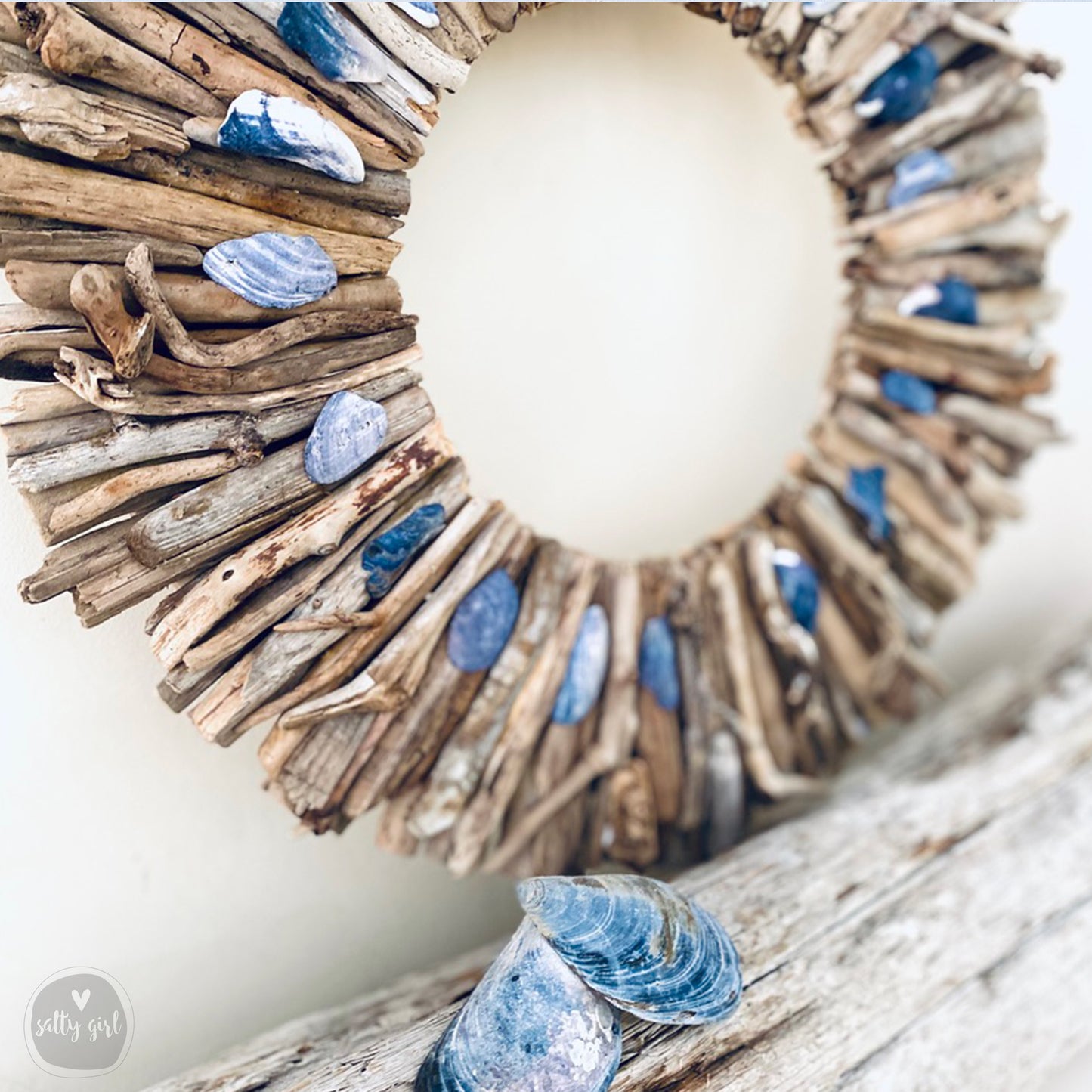 Driftwood Wreath with Indigo Blue Maine Mussel Shell Accents - Sizes 12" - 16" - 20”