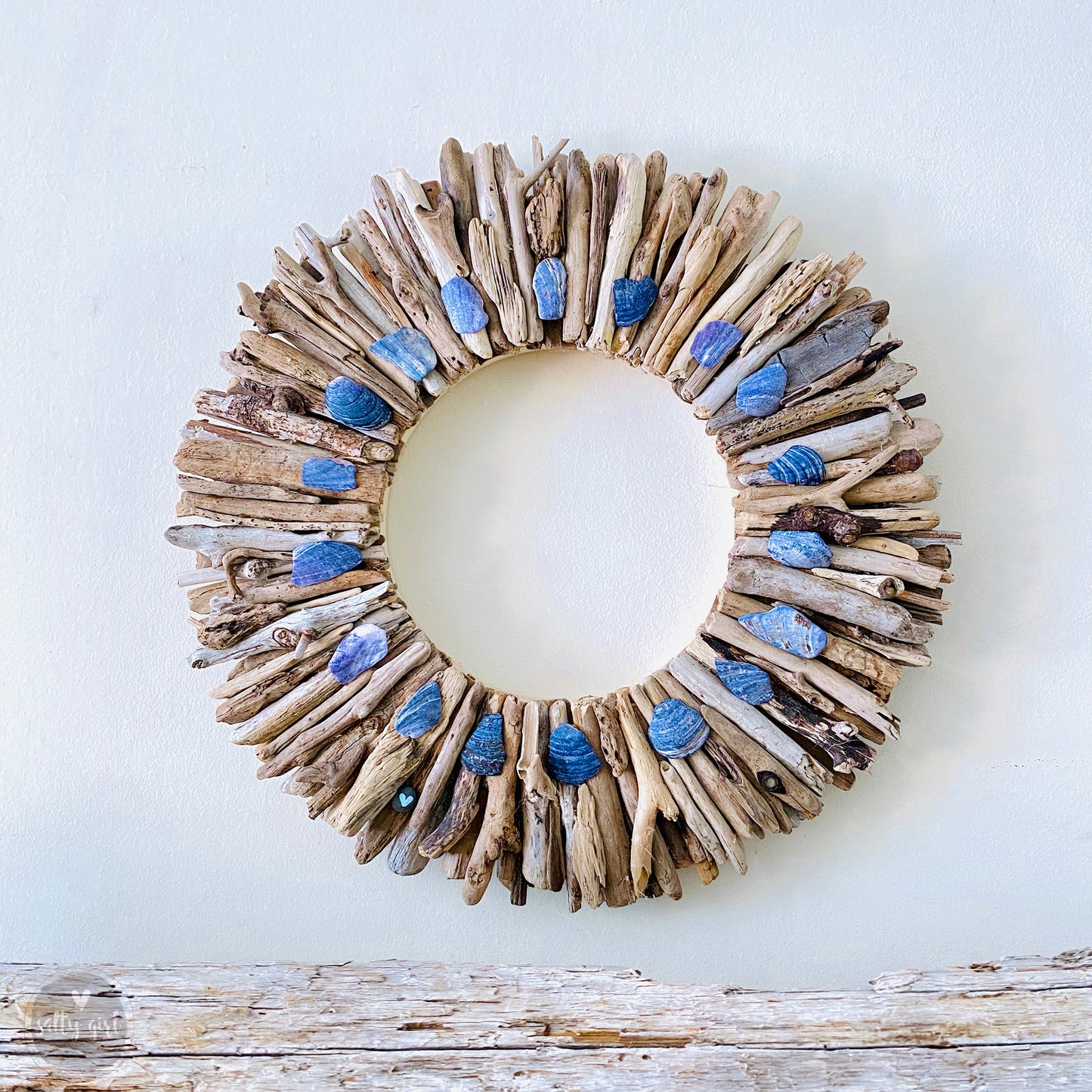 Driftwood Wreath with Indigo Blue Maine Mussel Shell Accents - Sizes 12" - 16" - 20”