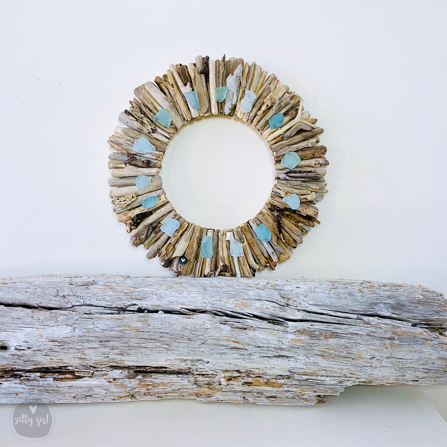 Driftwood Wreath with Shades of Aqua Sea Glass - Sizes 12" - 16" - 20”