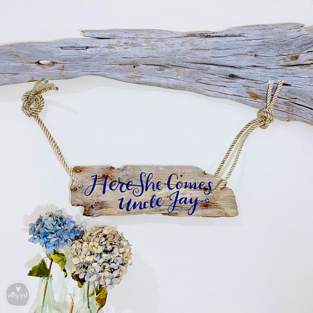Driftwood "Here Comes the Bride" Sign -  Hand Painted Wedding Aisle Sign - Wooden Flower Girl Sign - Beachie Wedding Sign
