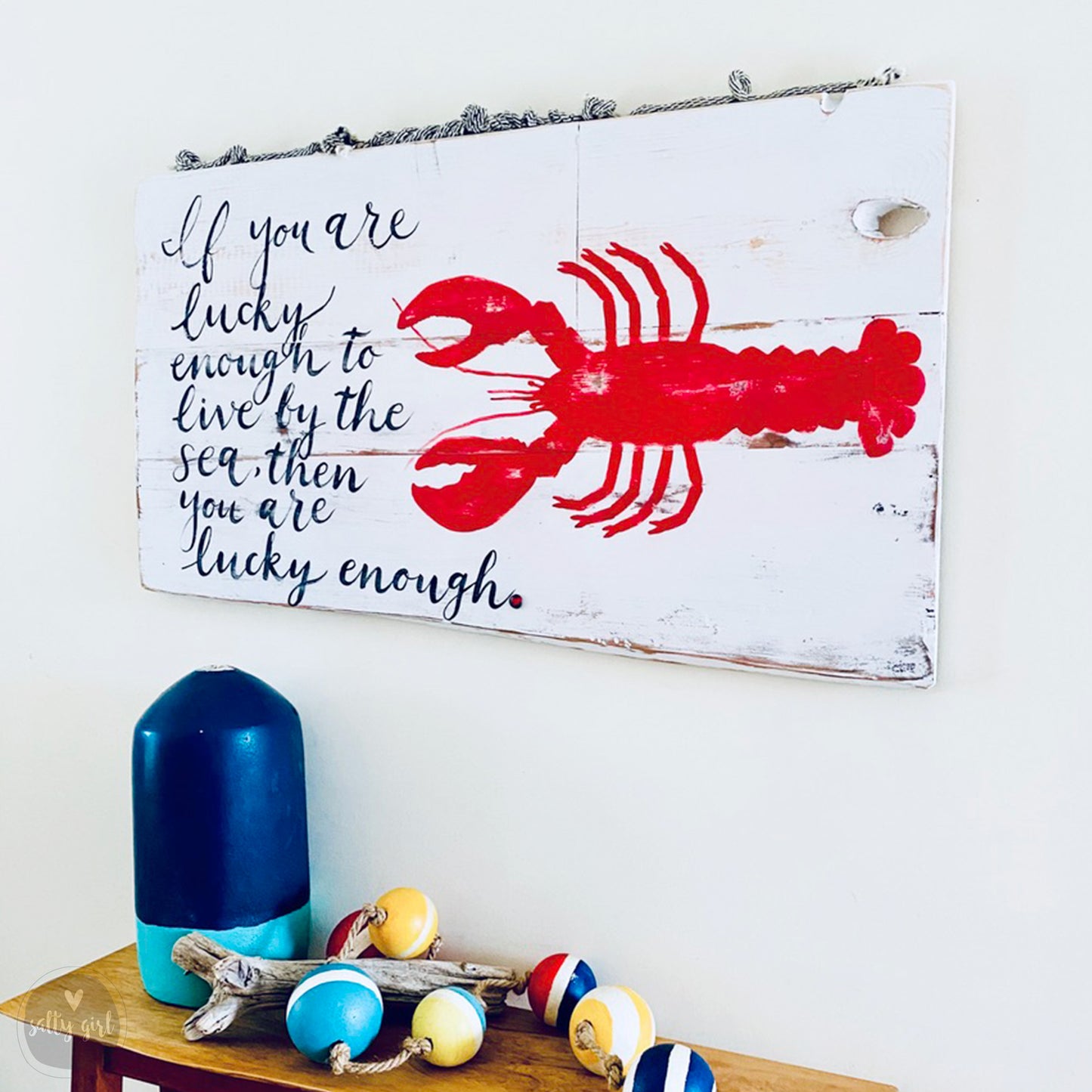 Coastal Driftwood Wall Art - Summer Cottage Sign - "If you are lucky enough to live by the sea" - Oversized Beach Themed Wall Art - Lobster Sign