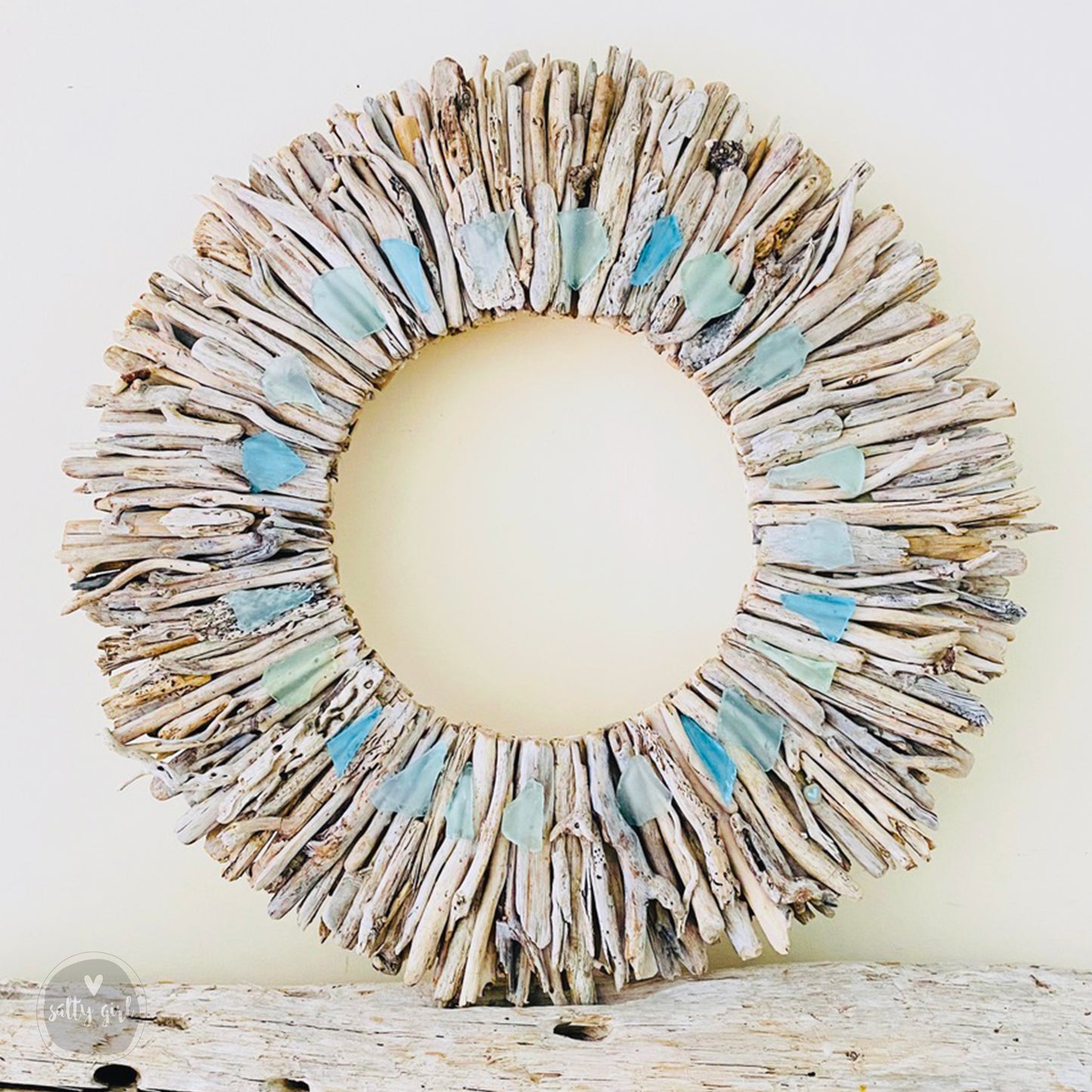 Maine Sun Bleached Driftwood Wreath with Subtle Blue & Green Sea Glass Accents - Sizes: 20" or 24"