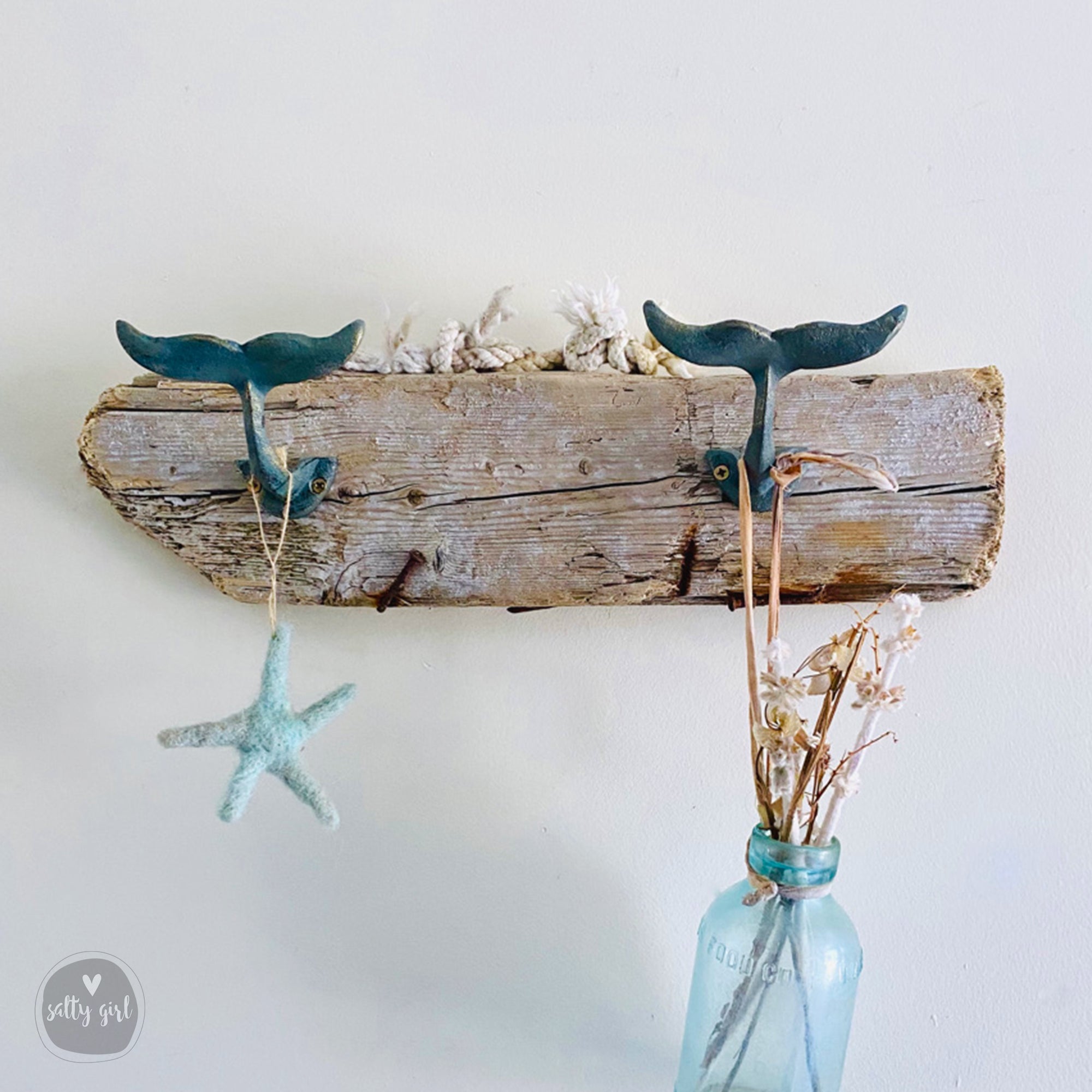 Driftwood Wall Rack with Iron Whale Tail Hooks Maine Salty Girl