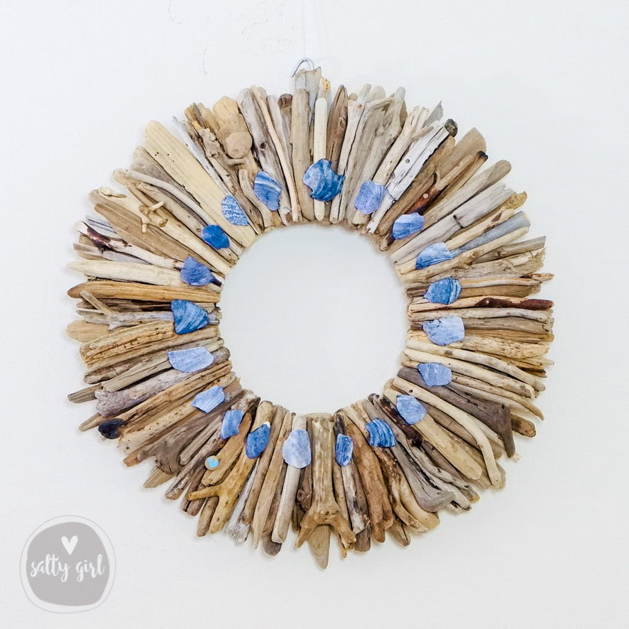 Driftwood Wreath with Indigo Blue Maine Mussel Shell Accents - Sizes 12" - 16" - 20”