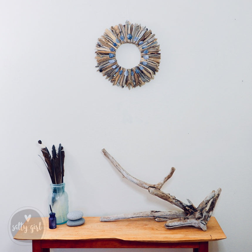 Driftwood Wreath with Indigo Blue Maine Mussel Shell Accents - Sizes 12" - 16" - 20”