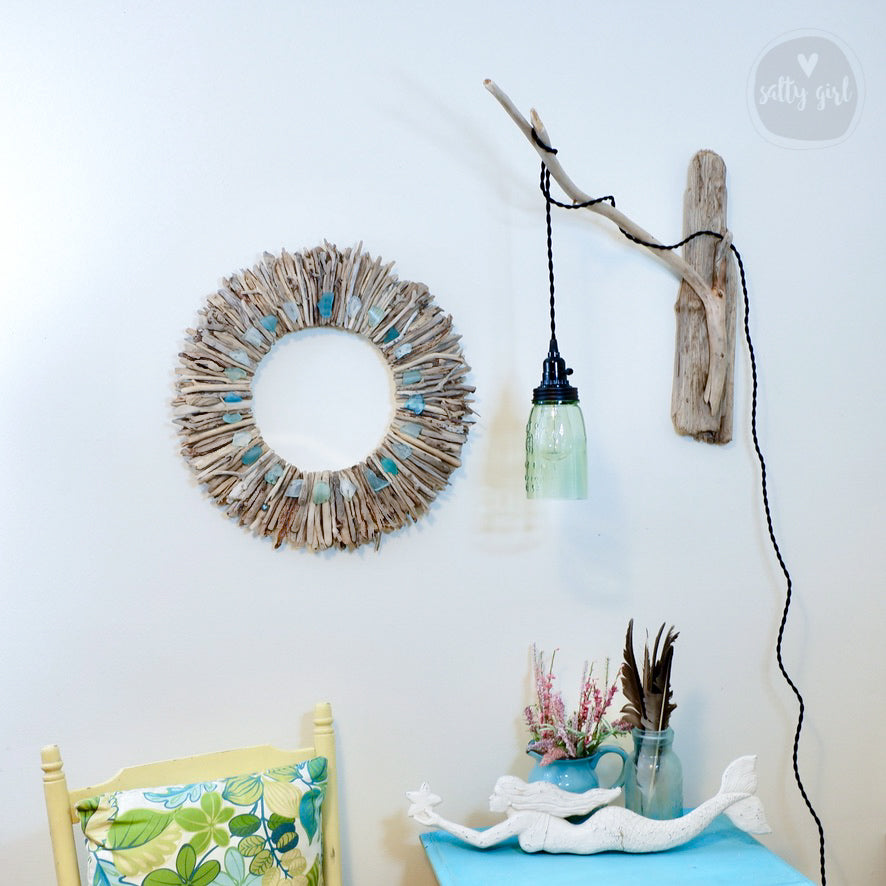 Driftwood Pendant Wall Lamp With Open Bottom Mason Jar Shade