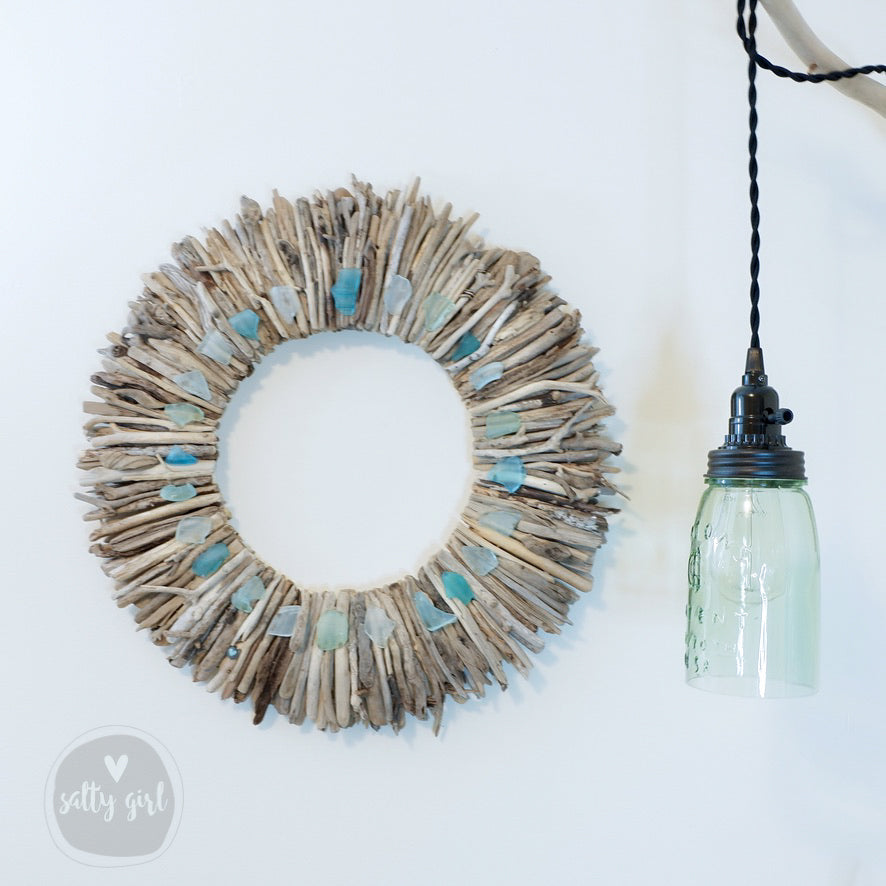 Driftwood Pendant Wall Lamp With Open Bottom Mason Jar Shade