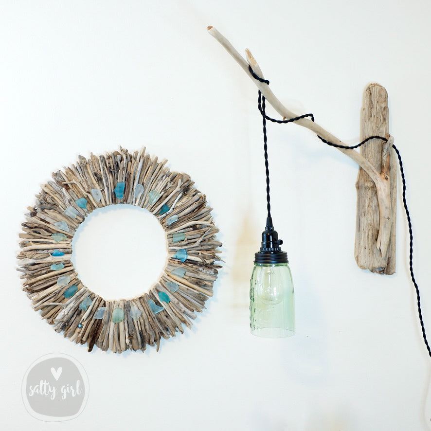 Driftwood Pendant Wall Lamp With Open Bottom Mason Jar Shade