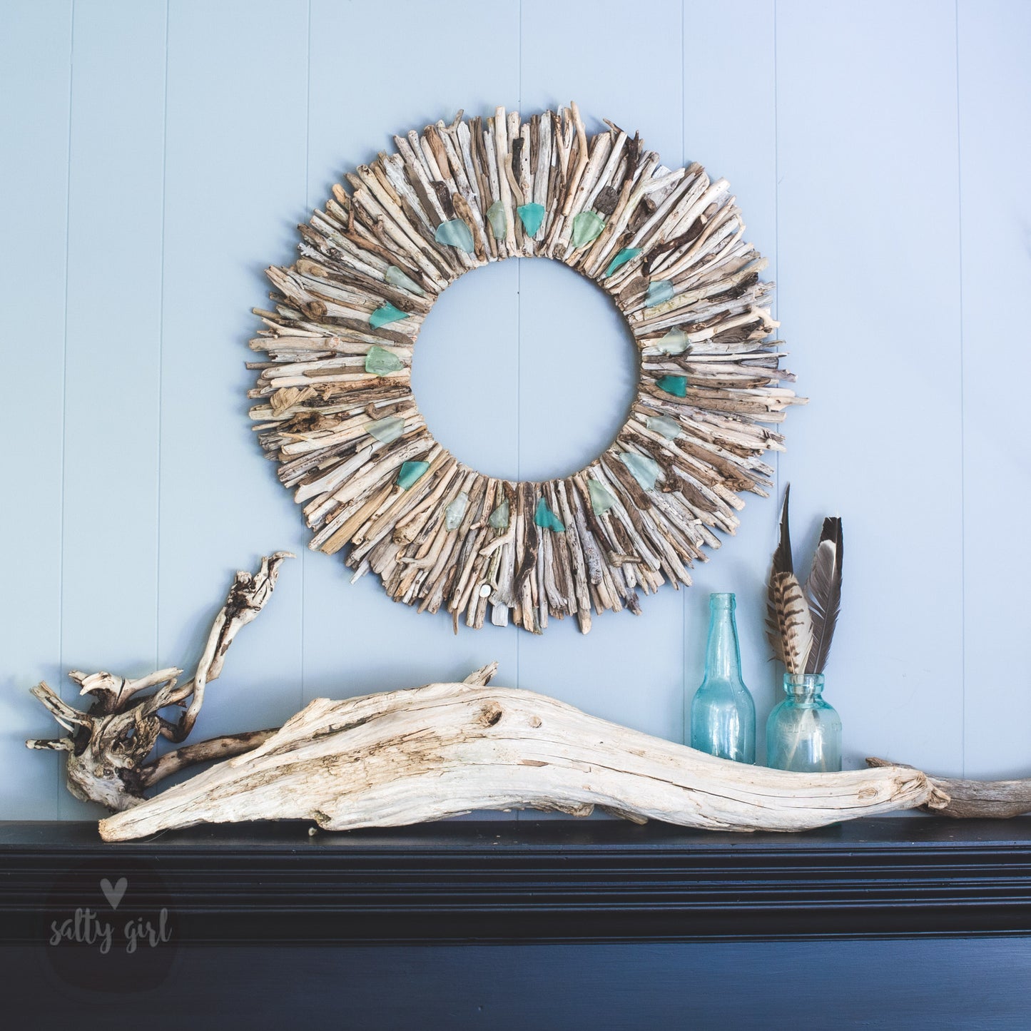 Driftwood Wreath with Shades of Aqua Sea Glass Accents - Sizes: 24" or 30"