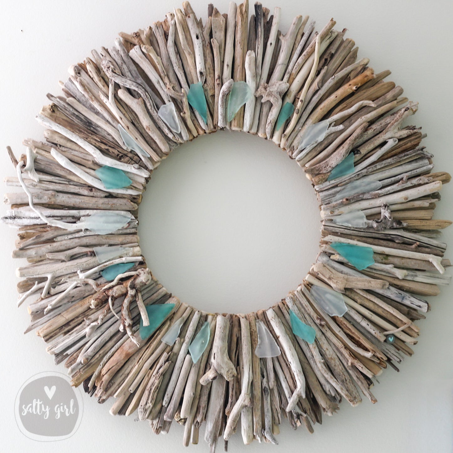 Driftwood Wreath with Shades of Aqua Sea Glass Accents - Sizes: 24" or 30"