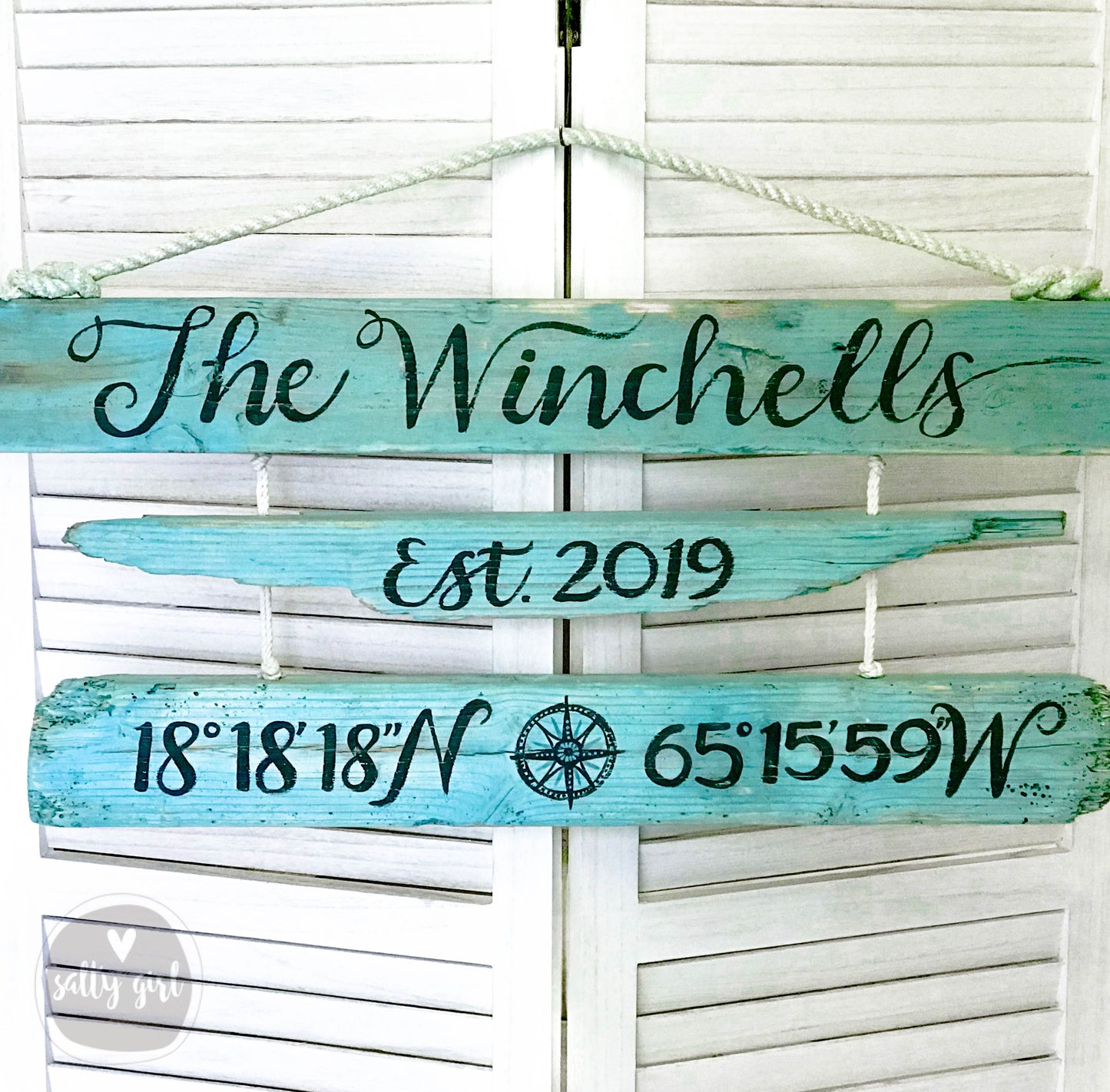 Custom Coordinates & Family Name Driftwood Sign - Hand Painted Wooden Sign with Rope Hanger - Personalized Longitude Latitude Sign