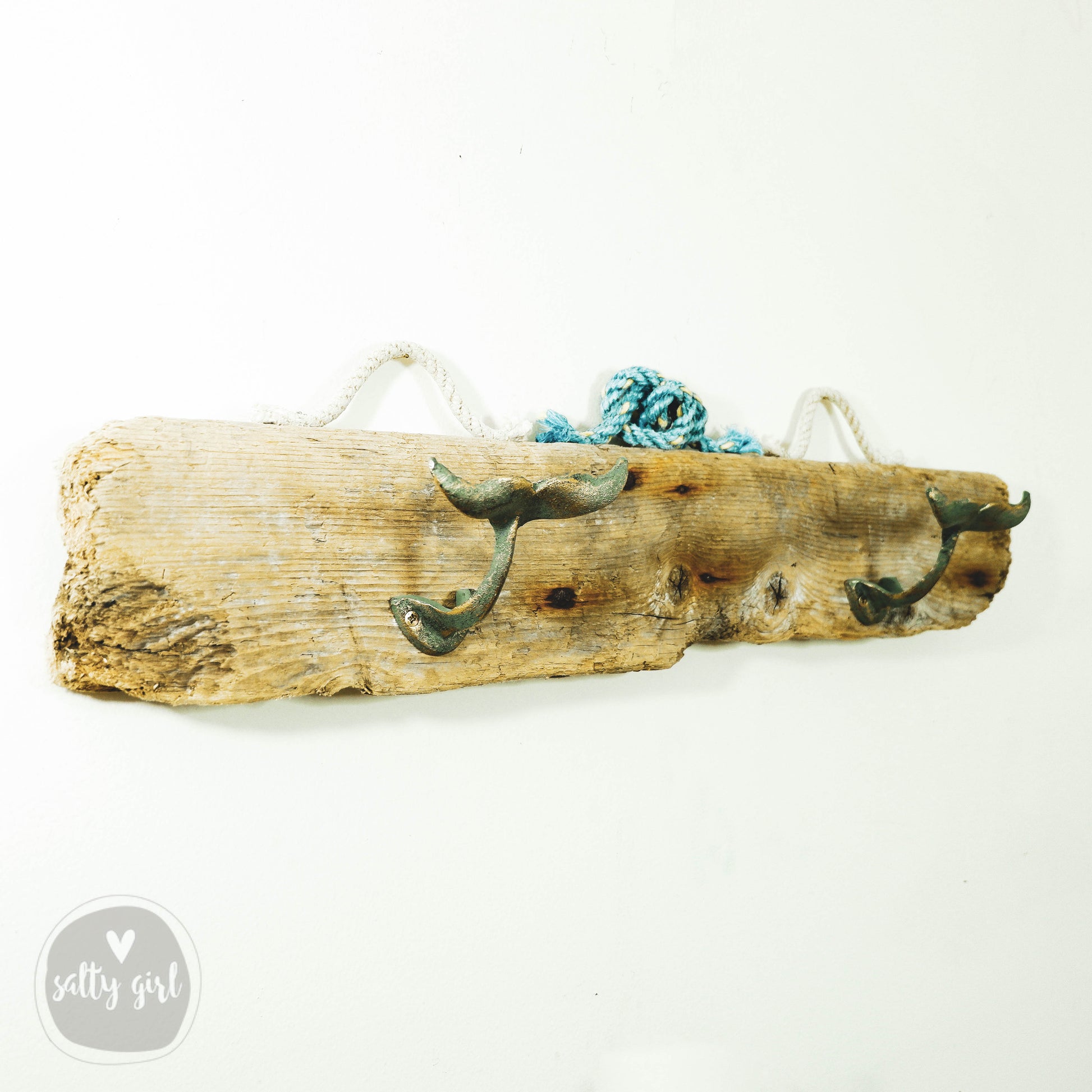 Driftwood Wall Rack with Iron Whale Tail Hooks – Maine Salty Girl
