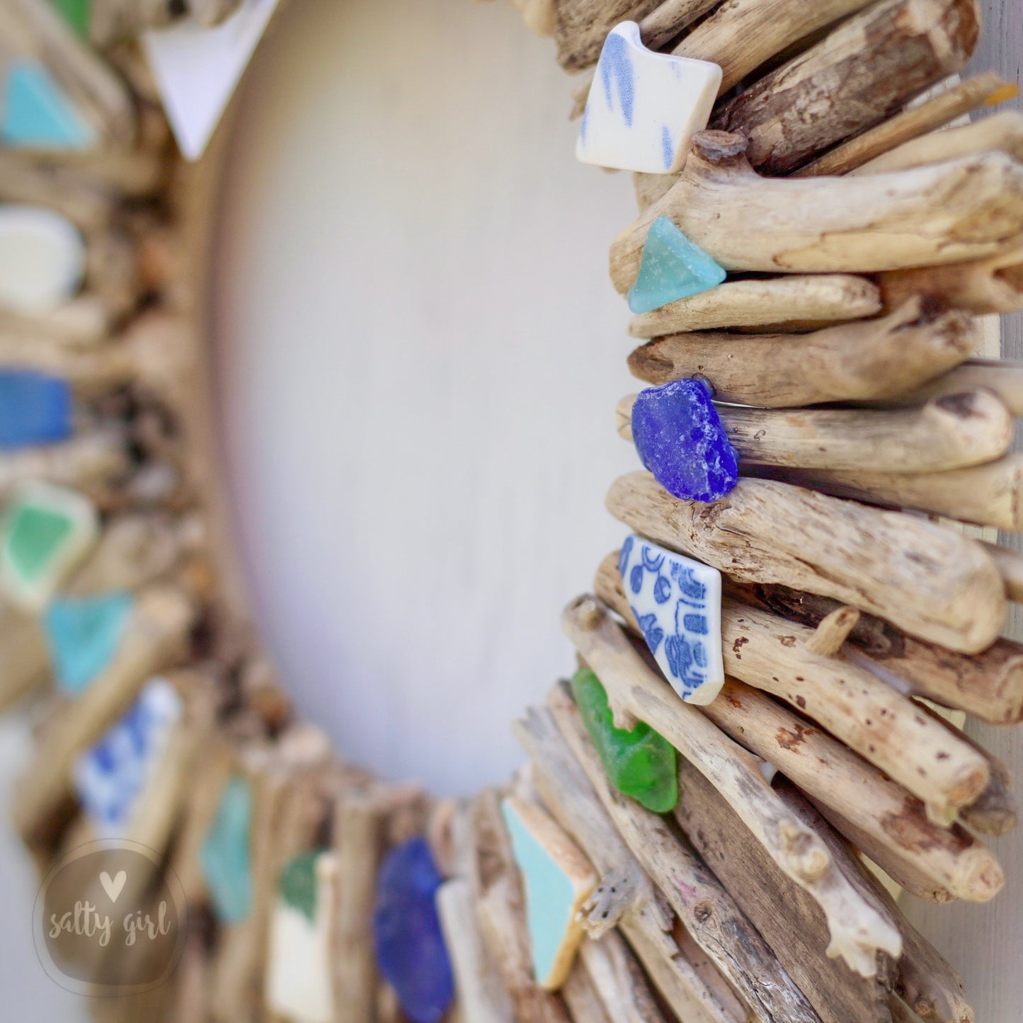 Driftwood Wreath - Boho Style with Beach Pottery and Sea Glass Accents - Sizes 12" - 16" - 20”