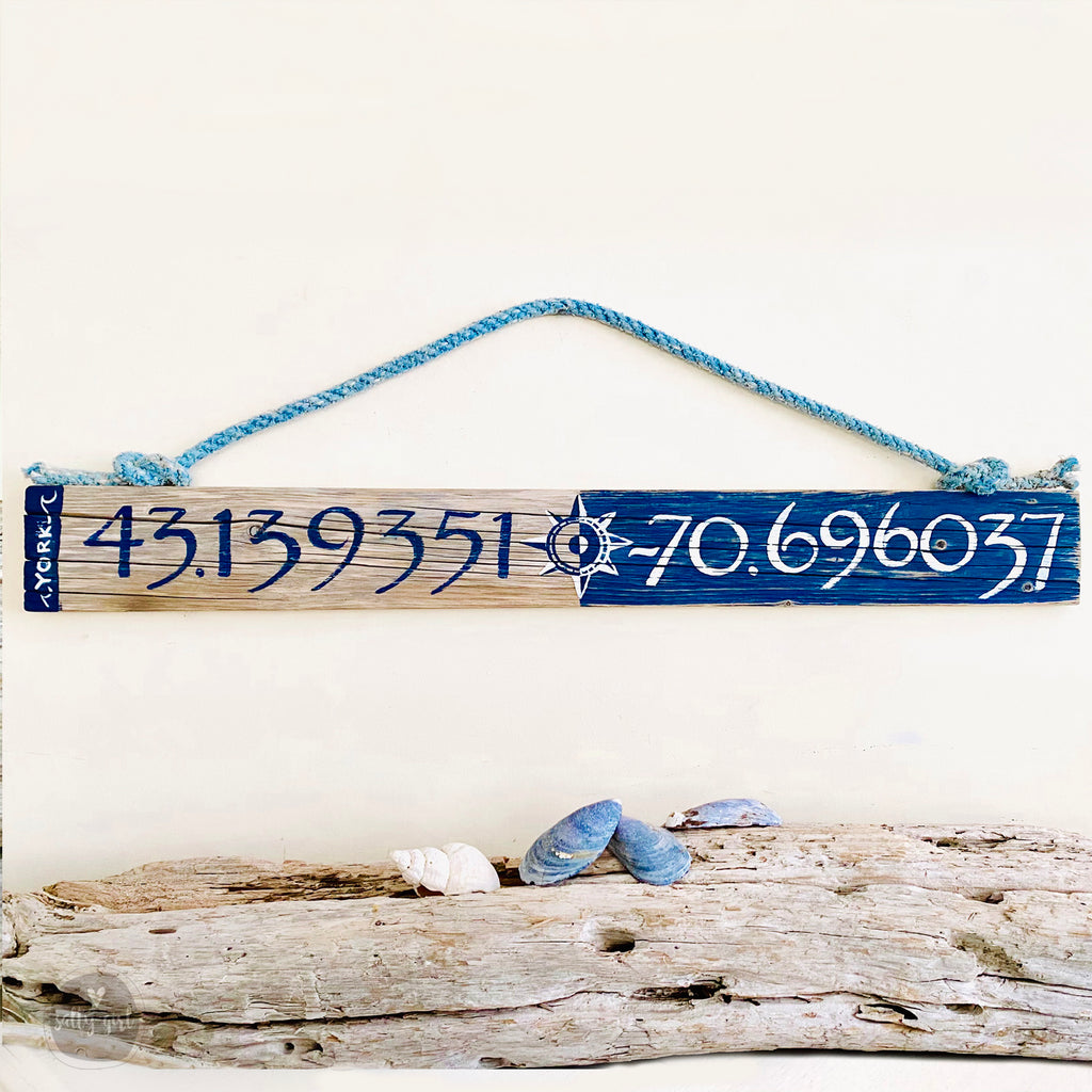 Custom Driftwood Longitude & Latitude Sign - Wooden Coordinates Sign with Graphics - Personalized Location Sign with Rope Hanger