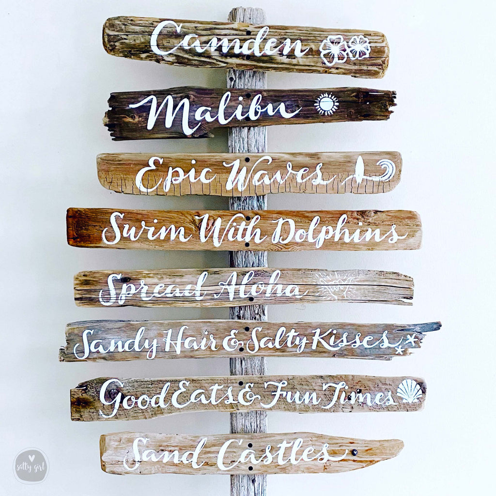 Custom Driftwood Wedding & Event Signs with Hand Painted Graphics on Post - 3 -8 Signs - Personalized Stacked Driftwood Signs for Weddings & Events