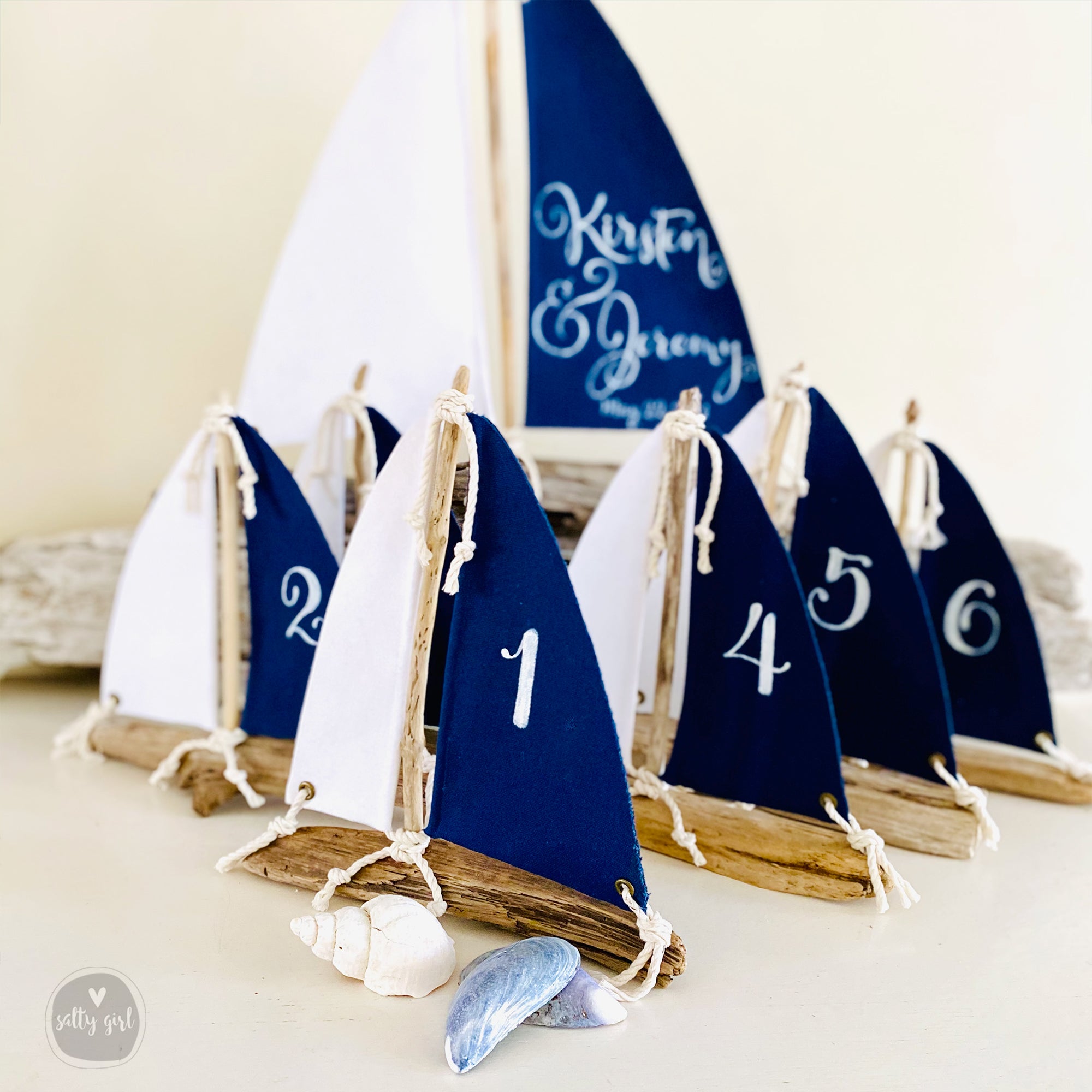 Handcrafted Driftwood Sailboat Table Numbers for Nautical Weddings