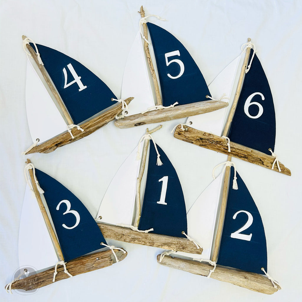 Handcrafted Driftwood Sailboat Table Numbers for Nautical Weddings