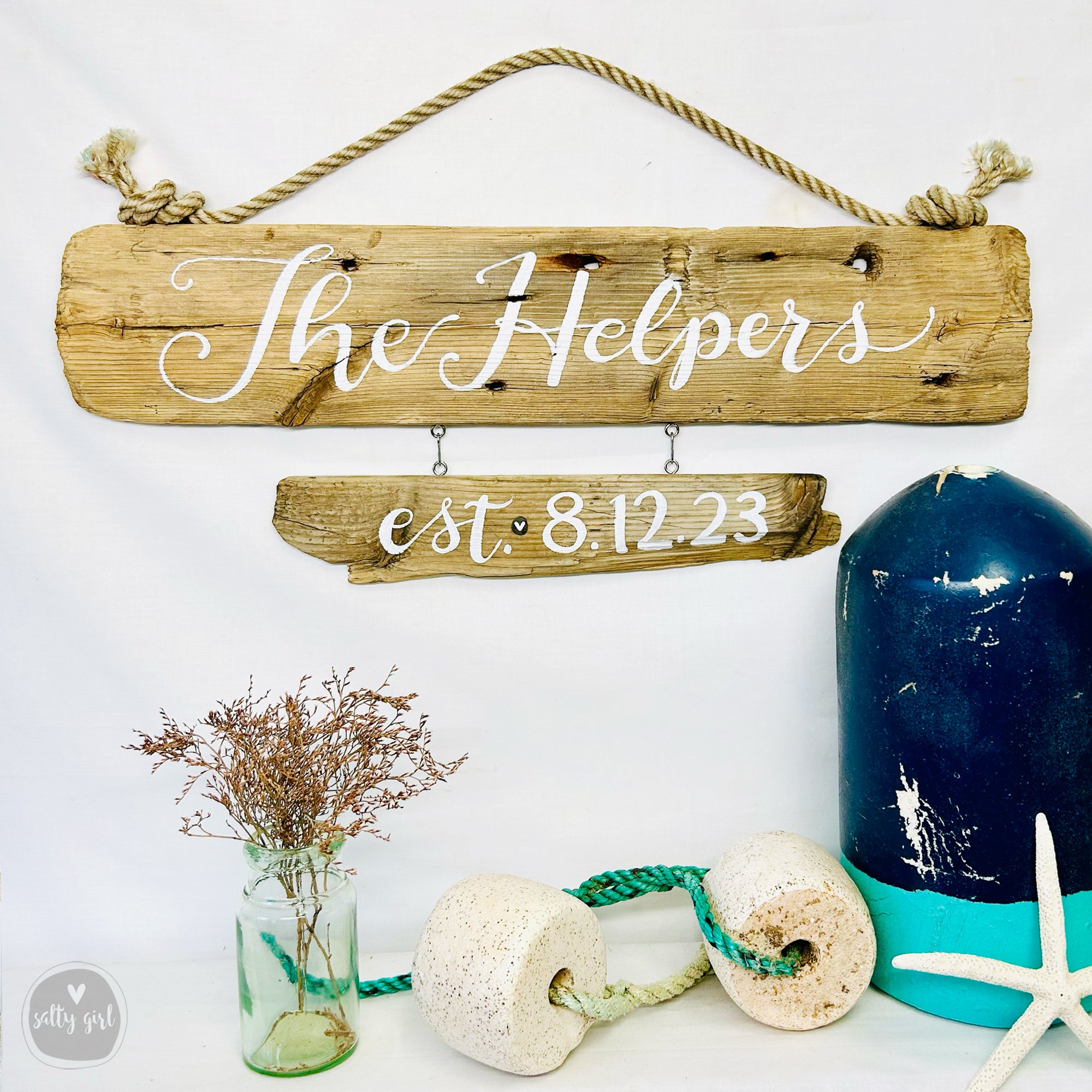 Custom Double Driftwood Sign - Personalized Established House Sign with Fishing Rope Hanger - Coastal Themed House Sign