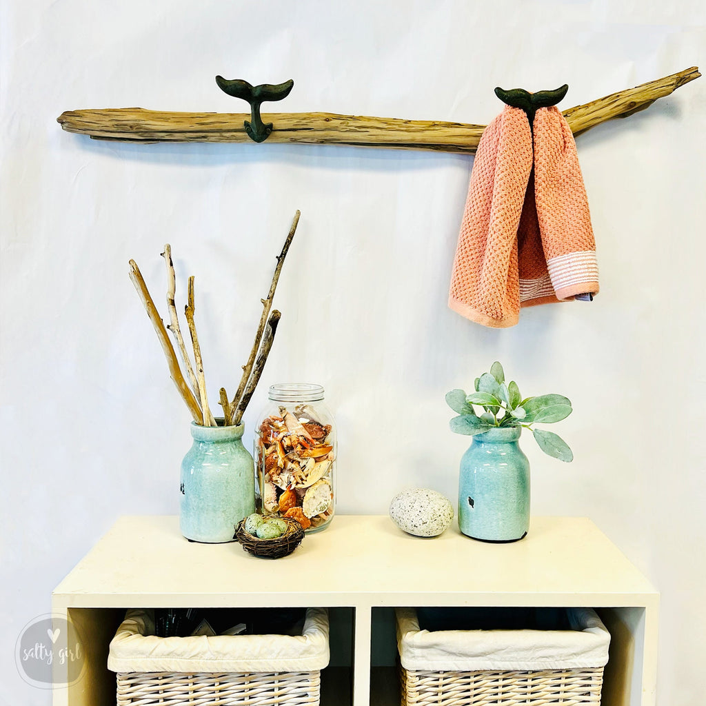 Whale Tail Driftwood Wall Rack with peach towel