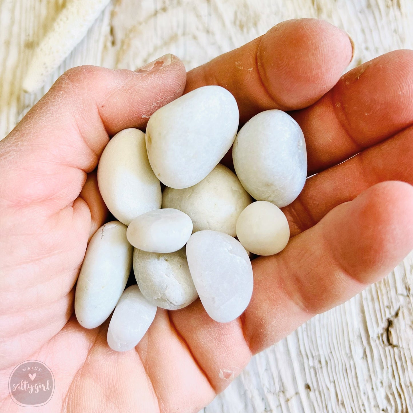 a person holding a handful of white rocks